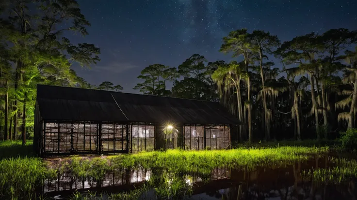 exterior façade of a old rusty metal warehouse near a murky Louisiana swamp surrounded with bald cypress trees, led flood light, old chain link fence, old stacked tires, midnight night sky, midnight