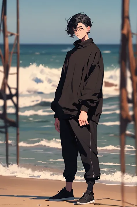 (masterpiece:1.3),(best quality:1.2),(absurdres:1.1), (full body:1.1), black hair, large sweater, no pants, covered ears,looking at viewer,
(highly detailed face and eyes:1.1),standing at the beach, simple background,