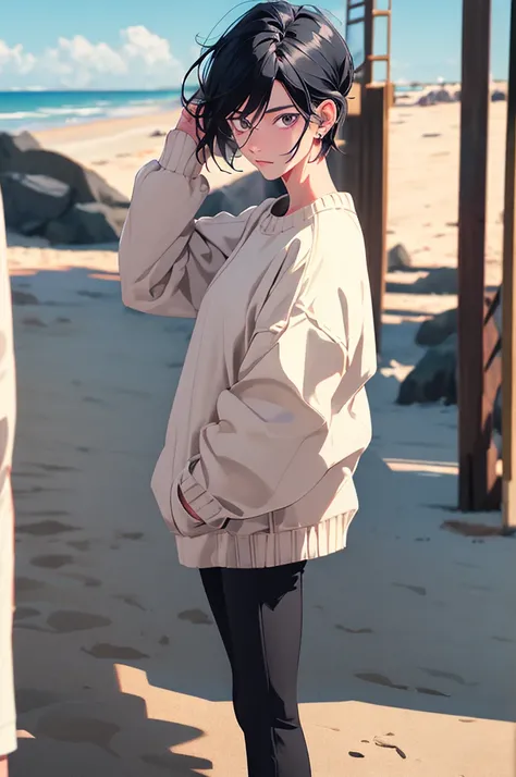 (masterpiece:1.3),(best quality:1.2),(absurdres:1.1), (full body:1.1), black hair, large sweater, no pants, covered ears,looking at viewer,
(highly detailed face and eyes:1.1),standing at the beach, simple background,