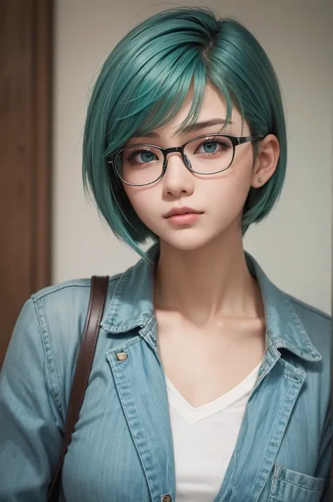 Girl with short blue-green mullet hair and brown eyes with glasses