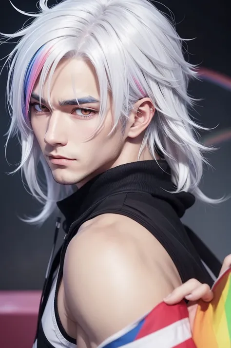 Draw in anime style a man with white hair and rainbow-colored eyes 