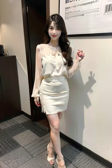 Japanese woman in her 40oist eyes、Hair is semi-long、Shiny blouse、Blouse has a ribbon、Knee-length beige skirt、Brown high heels、The location is walking through an office district.、Neat sex appeal、Realistic photos、Full Body