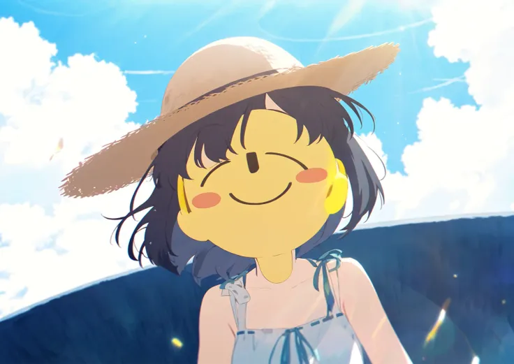 In a Japanese anime style,summer, blue, blue sky, Lots of clouds, strong light, straw hat, black short hair, smiley face, White dress, high quality, 