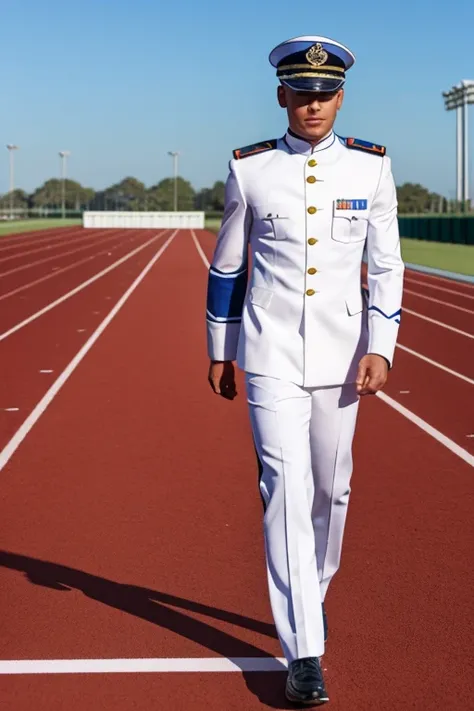 Ship captain in full uniform walking on running track