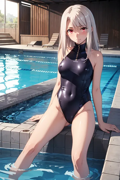 NSFW , (Highest quality:1.5, High resolution, 4K, Detailed lighting, Shaders), Illyasviel von Einzbern　alone, Cowboy Shot,Long Hair, Gray Hair, Red eyes, ((Swimsuit))＋＋　M-shaped foot　Sexy Looks　Seductive gestures　atmosphere　　Super blushing　Realistic beauti...