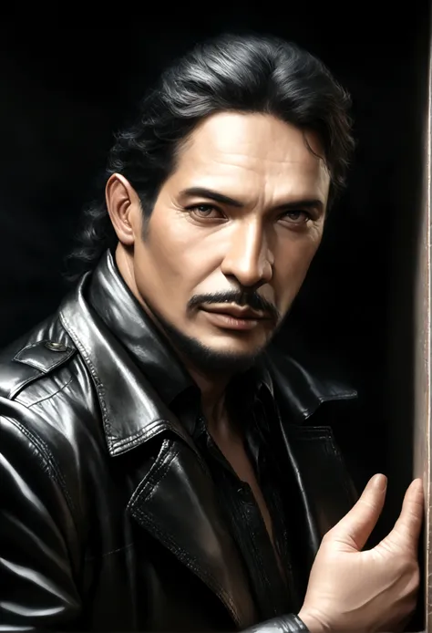 a muscular man with short black hair combed back,black eyes,black beard,wearing a full black suit with an open black trench coat,black belt and black gloves,Delgado,25 years old,(best quality,4k,8k,highres,masterpiece:1.2),ultra-detailed,(realistic,photore...