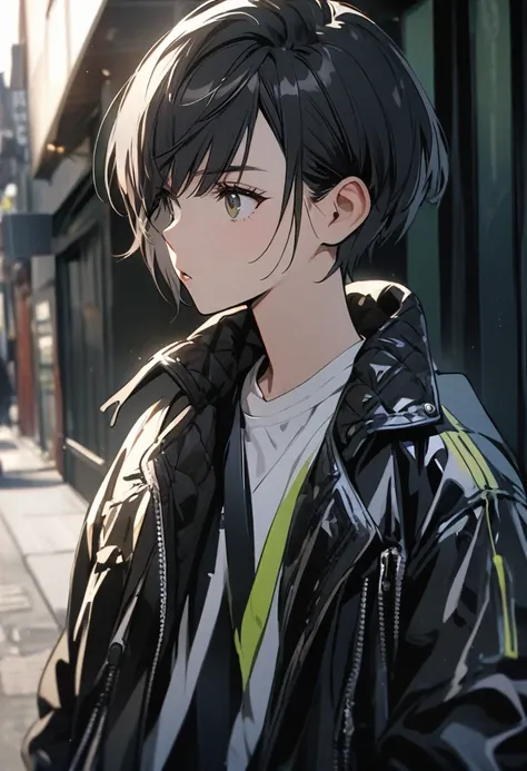 black hair, white shirt, jacket, 1girl, short hair, boyish, stylish, bright