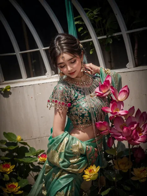 (Masterpiece:1.4), CG Unity 8k walpaper, ((Realistic: 1.2)), Ray Tracing, 64k,a girl 22 years, ((Luxury Mint Coloured wearing an elegant saree: 1.2)), ((100% Indian style saree wearing)), Super round Young breasts under the saree blouse, Naval showing, ((b...