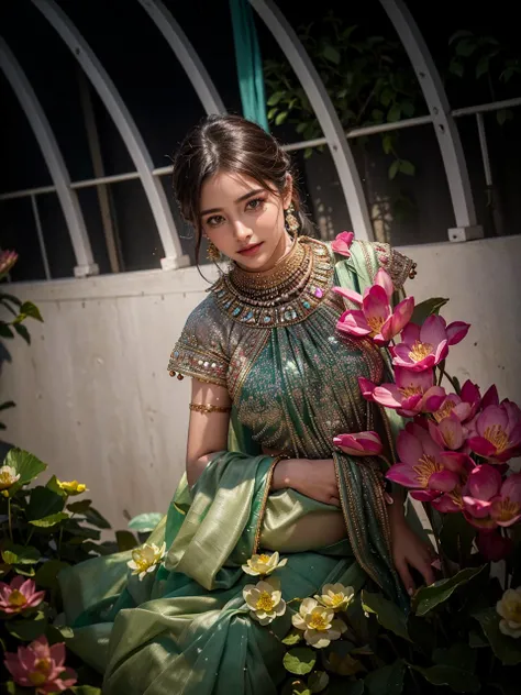 (Masterpiece:1.4), CG Unity 8k walpaper, ((Realistic: 1.2)), Ray Tracing, 64k,a girl 22 years, ((Luxury Mint Coloured wearing an elegant saree: 1.2)), ((100% Indian style saree wearing)), Super round Young breasts under the saree blouse, Naval showing, ((b...