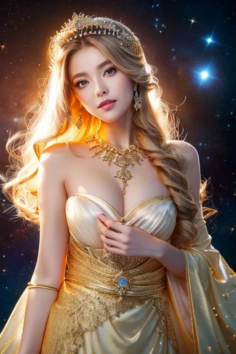 (masterpiece、Highest quality、High resolution、8K、16K)、((Alone in space、Beautiful Goddess、Standing posture、フローティング in the sky like a star))、(whole body)、Golden Cape、White long dress、No sleeve、Gold Bracelet、Blonde Hair、Beautiful brown eyes、Elegant and detaile...