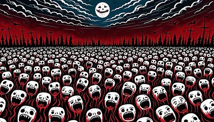 a world made of nightmares where the sky is covered in screaming faces and the ground is full of human teeth and blood art style is surreal