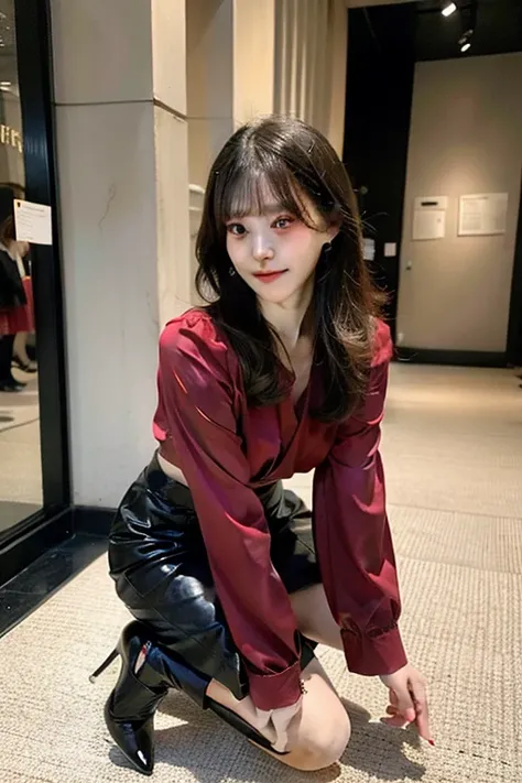 Japanese woman in her 40oist eyes、Hair is semi-long、Shiny wine red blouse、Blouse has a ribbon、Knee-length black leather skirt、Shoes with black high heels、Location: Museum entrance、Neat sex appeal、Realistic photos、Full Body