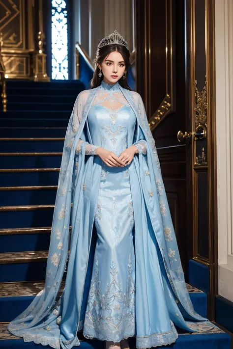 Beautiful woman standing on stairs wearing light blue dress, fantasy long intricate outerwear, long outerwear, wearing an evening outerwear, From the Victorian nobility, wearing long outerwear, long luxurious outerwear, Chassis, wearing a fantasy suit, out...