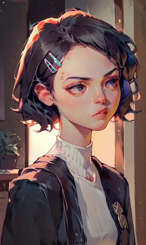 (score_9, score_8_up), score_7_up, score_6_up, score_5_up, score_4_up, Zenko, 1girl, black hair, rim lighting, half-length portrait, hair ornament, hairclip, black eyes, short hair, black leather jacket, white dress, standing, hands behind back, looking aw...