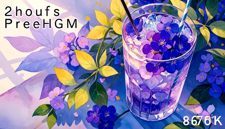 Purple flowers in a glass with a straw and a straw in it, 🌺 society, by Oze Kanaoka, Highly detailed watercolor 8k, Highly detailed watercolor 8k, relaxed and calm atmosphere, Watercolor illustration style, Artgasm, Highly detailed background, Lo-fi art st...