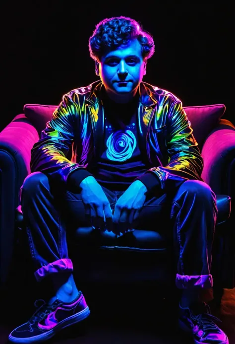 Black light art ，with black background，Carl Bacchus style, Full body portrait of person sitting in living room