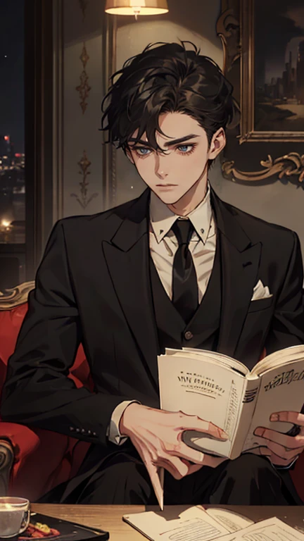 ((One young man with a black suit and tie)), alejandro, (((one side swept dark short neat hair))), ( green eyes and thick eyebrows), ((20 years old)), ((masterpiece)), ((cinematic lighting)), relax look and smirk, waiting for someone