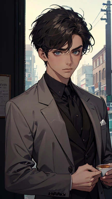 ((One young man with a black suit and tie)), alejandro, (((one side swept dark short neat hair))), ( green eyes and thick eyebrows), ((20 years old)), ((masterpiece)), ((cinematic lighting)), relax look and smirk, waiting for someone