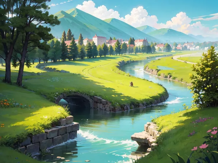 The atmosphere of the vast green land See the city in the distance with a prominent castle and tower The sky was bright, with floating white clouds dotting the trees and colorful flowers. In the meadow, there were mountains and a small river. Wandering alo...