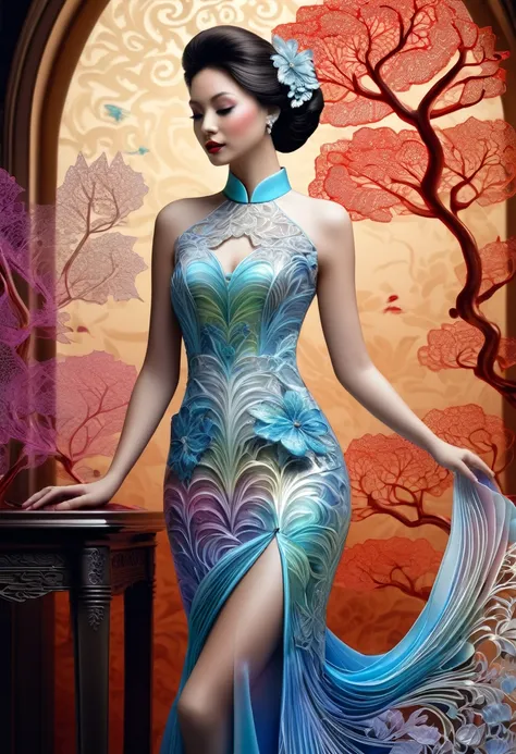 Dessiner une figurine 4D de style encre uhd époustouflante et à couper le souffle, portant une sublime Cheongsam dress très détaillé en dentelle fractal, effet holographique qui semble sortir de la feuille de dessin, dessin extrêmement détaillé, hyperréali...