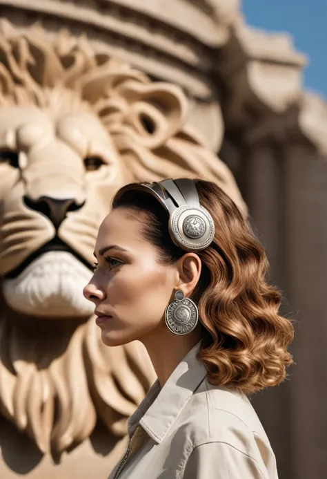 A person wearing a hearing aid, shaped like a historical symbol of strength (e.g., a lion), standing in front of a historical landmark. This image primes feelings of pride, empowerment, and nostalgia related to group identity.