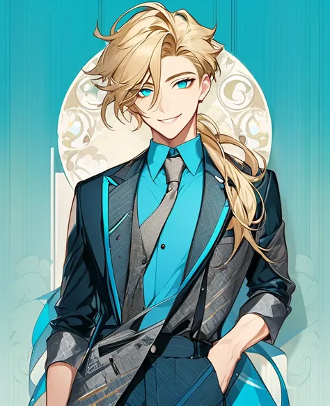  (Blonde_hair), (Cyan_vibrant_eyes), (detailed_eyes), (warm_smile), (attractive), (background_lounge), (male), (detailed_Hair), (detailed), wears a 19s type of fashion clothes