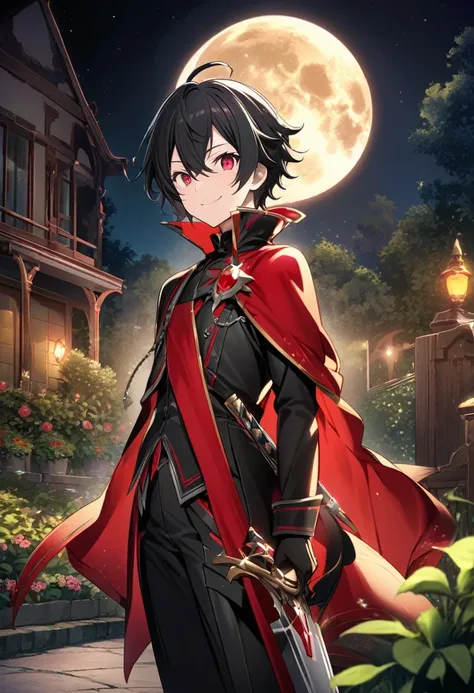 Aether (AKB0048 Next Stage), (black hair), (ruby red eyes):1.2, black costume, soft expression, smiling gently, cape, sword ((ultra-detailed)), ((illustration)), (neat hair)), (beautiful detailed eyes), male, 1boy, standing, ((garden, night, moon)), lookin...