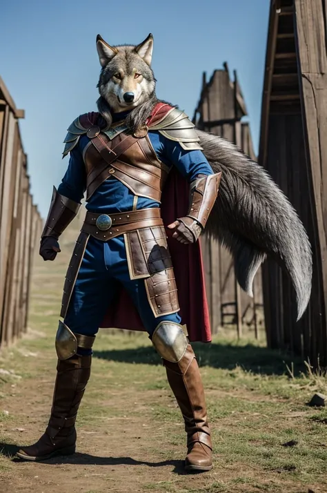 Viking wolf super hero suit with ears and a tail on a human