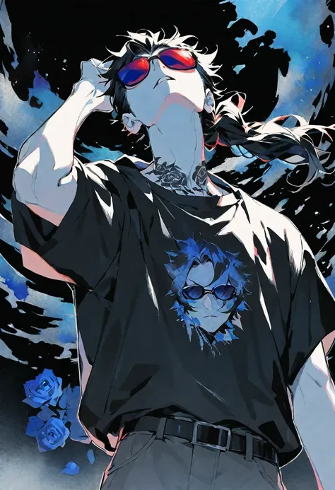 Solo,handsome, monochrome,watercolor,1 male, Ponytail, Braided black hair, red eyes, Gojo Satoru,casual,Blue Rose Tattoo,black Oversized 服,casual,Stylish,cool,Wear sunglasses around your neck,Void,look up,
blackbackground,İcon,Despise face up