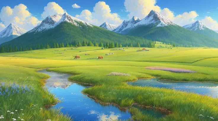 Pasture, sea of grass, gentle breeze, white clouds in blue sky, snow melt flowing from the mountains and enriching the fields, beautiful art UHD 4 K, beautiful artwork illustration, beautiful digital painting, highly detailed digital painting, beautiful di...