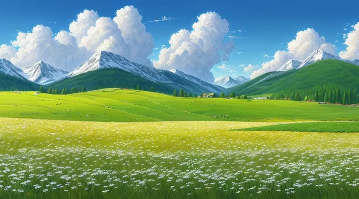 pasture, sea of grass, gentle breeze, white clouds in blue sky, snow melt flowing from the mountains and enriching the fields, b...