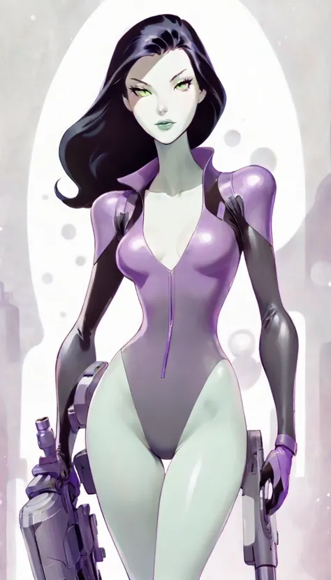 cartoon thin woman, long neck, long black hair, pale green skin, wearing a v-neck collar purple sci-fi body suit .. she is armed with an arm cannon, on her suit by her waist are some small gray circles 