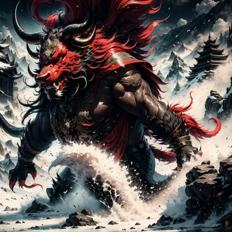 Kamada,((Masterpiece)),Best quality, ((illustration)),Original,extremelydetailedwallpaper,
((Fabulous ferocious animal)),{{anthro bull}},{{ Long horns}},(Red and black color),(Four feet:1.5)，(Solo),Mountain,Big and strong,The demons,tyrannical,No Man