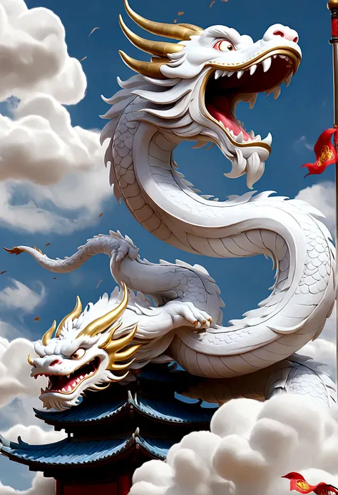 flag、masterpiece、(White background:1)、White Chinese dragon surrounded by white clouds、god々々Halo、Wind、god々、Long undulating body、overbite、Upper body、Fantastic、god話、high quality、Very detailed、masterpiece、amazing、Particle Effects、Dynamic Effects