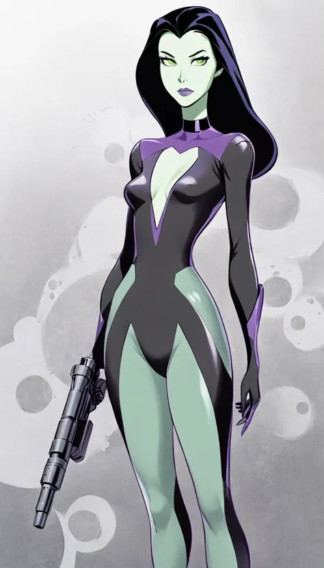 cartoon thin woman, long neck, long black hair, pale green skin, wearing a v-neck collar purple sci-fi body suit .. she is armed with an arm cannon, on her suit by her waist are some small gray circles 