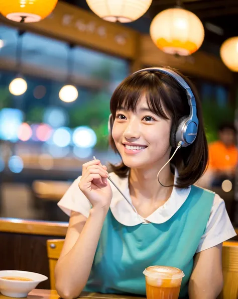  Looking straight ahead and smiling, Ultra HD、128ｋ、Masterpiece、Cute little kindergarten girl studying in a coffee shop while listening to music on headphones、orange juice, clavicle, RAW Photo、A big-eyed girl in a sea-colored dress with a white collar、Hands...