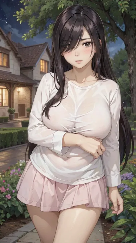 Cute mommy, mature women, realistic skin,perfect ,black hair, long hair, (hair over one eye:1.4), messy hair, hair between eyes, oversize shirt,pink mini skirt, chubby,plump,fat,pucker lips,cute shy blush on,garden, under tree,night 