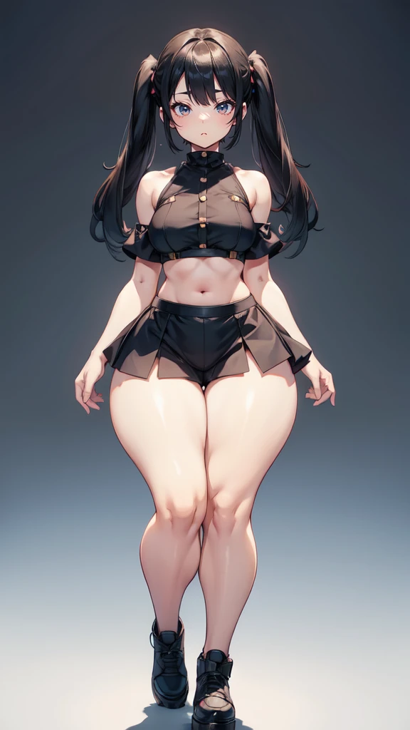 blank background, (((full body))), (masterpiece), ((best quality)), (very short girl), flat chest, short twintail, (wide hips:1.4), (thick thighs:1.4), (very short skirt), toeless footwear