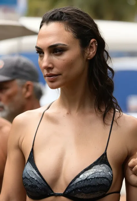  high quality  Erotic photograph  , ( GalGadot, ultra detailed skin texture, hot bikini  model  ) celebrity erotic photograph  ,tall figure ,  erotic photoshoot , fit muscular figure , exhausted look, shiny sweaty skin, seductive expression , on vacation a...