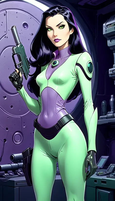 cartoon thin woman, long neck, long black hair, pale green skin, wearing a v-neck collar purple sci-fi body suit .. she is armed with an arm cannon, on her suit by her waist are some small gray circles 