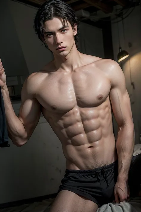 Shirtless man, tall and fit, with short black hair, green eyes, while sexy modeling in different places and different positions.