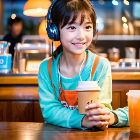  Looking straight ahead and smiling, Ultra HD、128ｋ、Masterpiece、Cute little kindergarten girl studying in a coffee shop while listening to music on headphones、orange juice, clavicle, RAW Photo、Big-eyed girl in ocean blue clothes、Hands on headphones, Warm li...