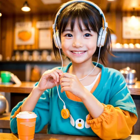  Looking straight ahead and smiling, Ultra HD、128ｋ、Masterpiece、Cute little kindergarten girl studying in a coffee shop while listening to music on headphones、orange juice, clavicle, RAW Photo、Big-eyed girl in ocean blue clothes、Hands on headphones, Warm li...