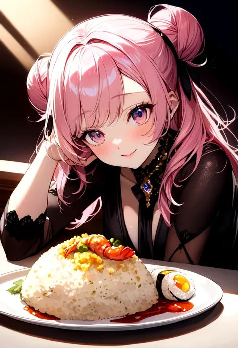 (((Luxurious golden most expensive sushi with rice and sauce))),((( Fried rice with shrimp))), wine, photograph, high quality、((masterpiece))、(((最high quality)))、((Super detailed))、 {Detailed and beautiful eyes}, finely,  Detailed and beautiful eyes,1 Girl...