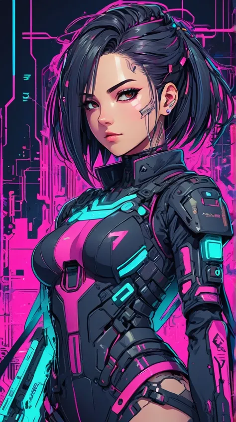 A charming cyberpunk anime girl, intricate ink line art, vibrant vector illustration, bold strokes, glitch art elements, flat color palette, dynamic key visual, technical schematics, minimalist linework, masterpiece