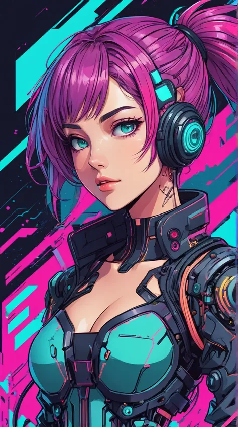 a charming cyberpunk anime girl, intricate ink line art, vibrant vector illustration, bold strokes, glitch art elements, flat co...