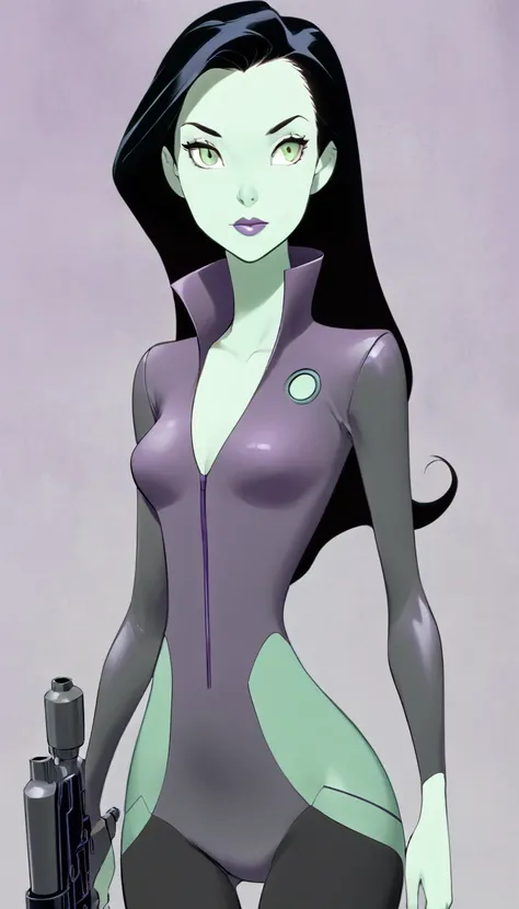 cartoon thin woman, long neck, long black hair, pale green skin, wearing a v-neck purple sci-fi body suit .. she is armed with an arm cannon, on her suit by her waist are some small gray circles 