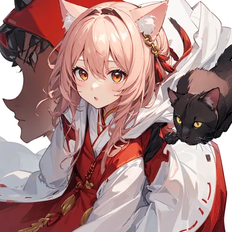 1 girl, head, ((White background, Red Cliff)), expression, tingyun, Cat Ear Girl，((白色head发))