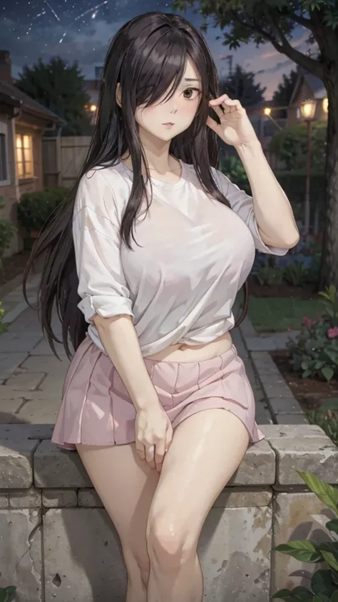 Cute mommy, mature women, realistic skin,perfect ,black hair, long hair, (hair over one eye:1.4), messy hair, hair between eyes, oversize shirt,pink mini skirt, chubby,plump,fat,pucker lips,cute shy blush on,garden, under tree,night 