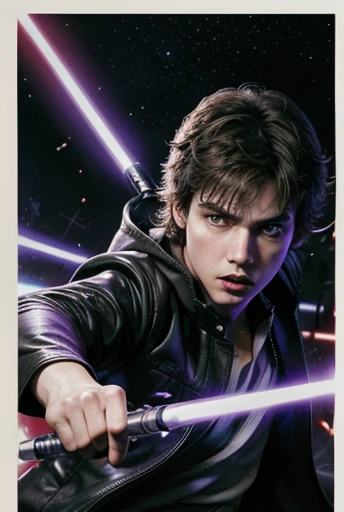 Star wars poster with a boy with two lightsabers, one purple and one white in a fight against a sid